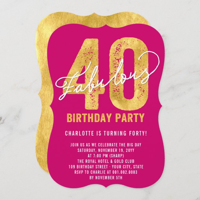 Convite Dourada 40 e fabulosa aniversário de 40 anos de Fe (Frente/Verso)