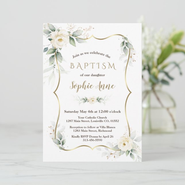 Convite Dourada Airy Greenery White Ivory Floral Baptism (Em pé/Frente)