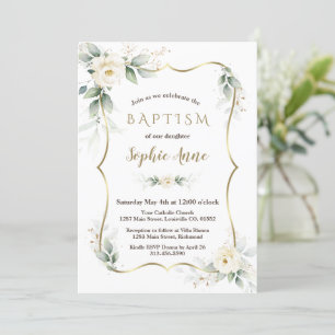 Convite Dourada Airy Greenery White Ivory Floral Baptism