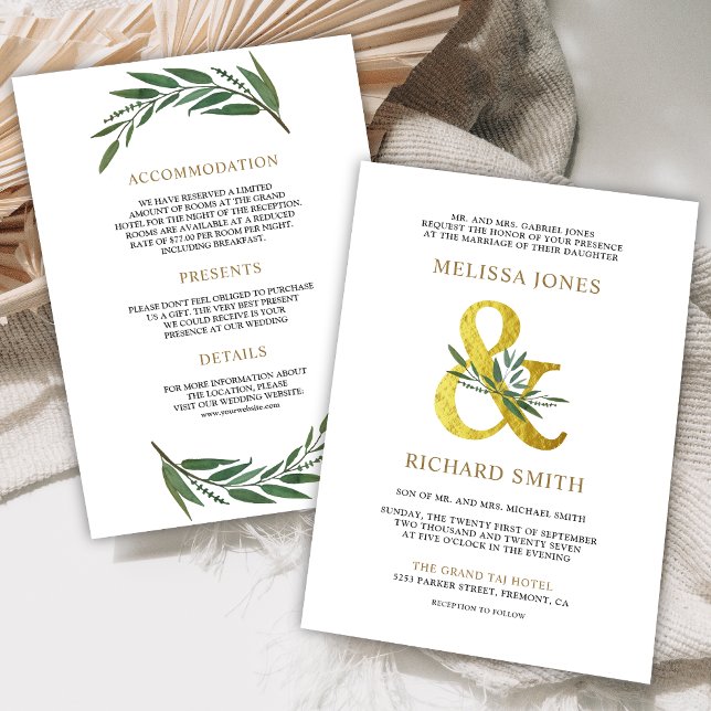 Convite Dourada Ampersand Olive Branch All in One Wedding (Criador carregado)