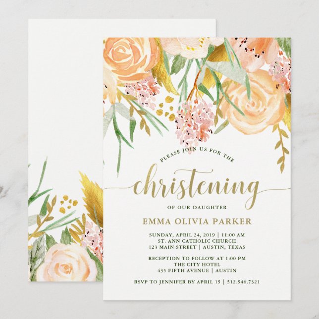 Convite Dourada Aquarela Floral em Branco | Christening (Frente/Verso)
