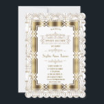 Convite Dourada Arte Branca Deco Gatsby Estilo 20s Sweet 1<br><div class="desc">Elegante, Excelente Romântico de Deco de Arte Gatsby. Apresenta o estilo Art Deco, forma angular de folha de ouro falsa, ornamentos, fontes vintage lindas, num fundo de Deco de Arte branco. Use a ferramenta Personalizar para adicionar suas informações. Para obter itens correspondentes, visite minha coleção de estilos de arte angulares...</div>