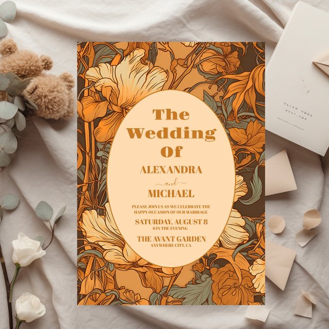 Convite Dourada Arte Floral Nouveau Casamento (Criador carregado)