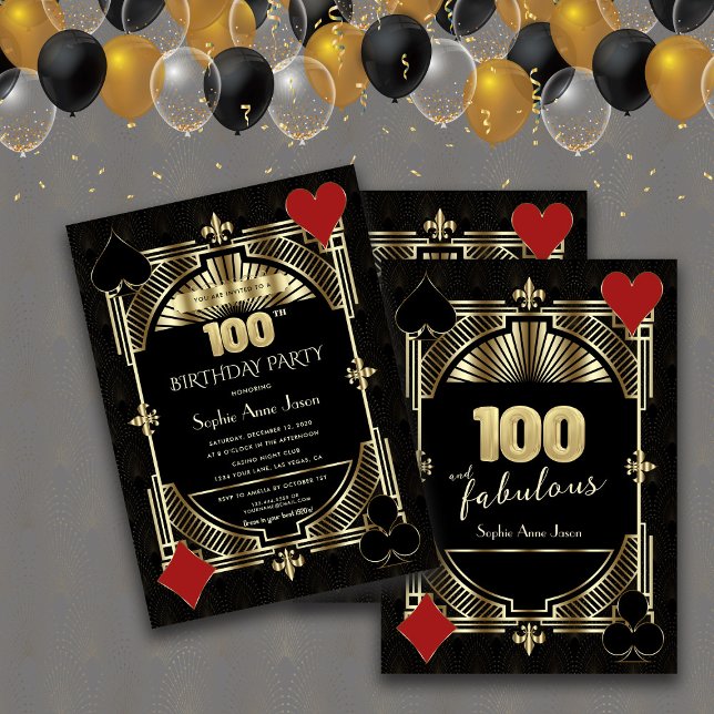 Convite Dourada Arte Negra Deco Casino Poker 100º Aniversá (#birthdayinvitation #casinobirthdayparty)