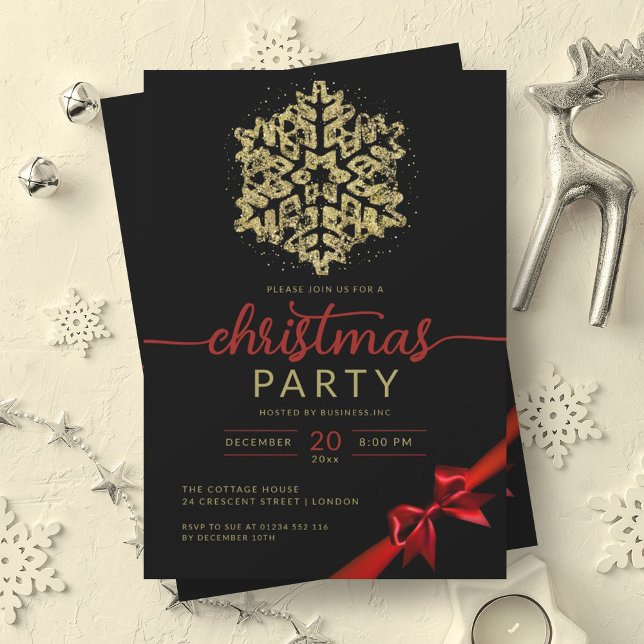 Convite Dourada Black Winter Glitter Snowflater Company Xm (Gold Black Winter Glitter Snowflake Company Xmas Invitation)