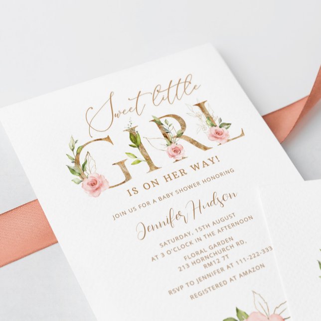 Convite Dourada blush floral Sweet Little chá de fraldas (Criador carregado)