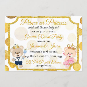 Convite Dourada Bolinhas Príncipe ou Princesa Revelação
