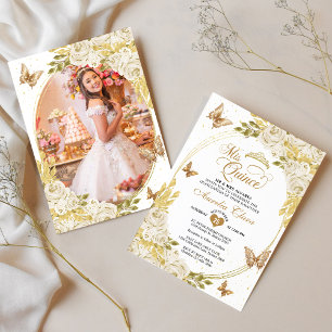 Convite Dourada borboleta branca Quinceañera