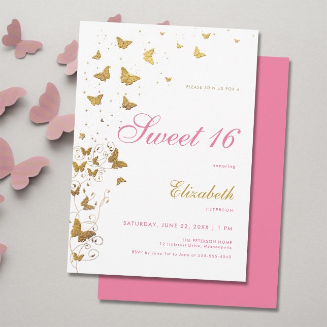 Convite Dourada Borboleta Jardim Menina Rosa Elegante Doce (elegant sweet 16 girls birthday party invitation gold butterflies garden classy stylish boho chic)