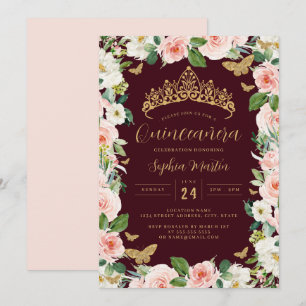 Convite Dourada Borgonha Rosa Floral Tiara Quinceanera