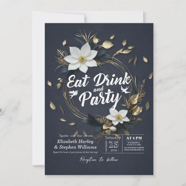 Convite Dourada Branca Floral Wreath EAT Beber e Casamento (Frente)