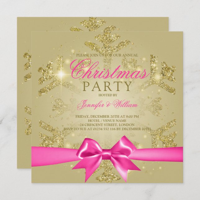 Convite Dourada Brilha Brilhante e Rosa | Festa de Natal (Frente/Verso)