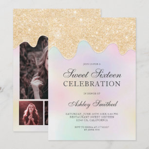 Convite Dourada brilha pingos cor de pérola doce dezesseis