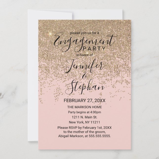 Convite Dourada Brilhante Brilhante com Noivado Rosa (Frente)