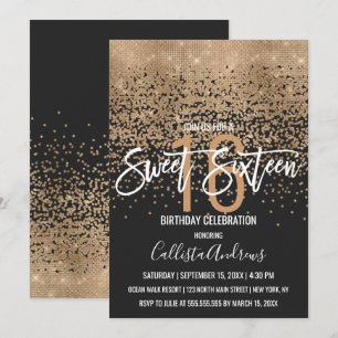 Convite Dourada brilhante moderna Confetti Sweet 16