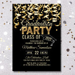 Convite Dourada brilhante moderna Festa de formatura 2024<br><div class="desc">Convites de graduação moderna em matiz dourada e preta. Streamers com faux gold foil confetti. Letras brilhantes de ouro falsas e boné de formatura / chapéu. Perfeito para aquela festa de estudantes de quadril. A parte traseira do cartão tem CLASS of YEAR com espaço para adicionar o nome da escola....</div>
