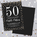 Convite Dourada brilhante preto 50ª Festa de aniversário<br><div class="desc">Celebre o grande estilo 5-0 com este elegante e festivo 50º convite de aniversário. O design destaca um serif ousado e clássico "50" no topo, acentuado com um falso brilho de ouro e de prata em um fundo preto elegante. O nome do convidado de honra é exibido em um roteiro...</div>