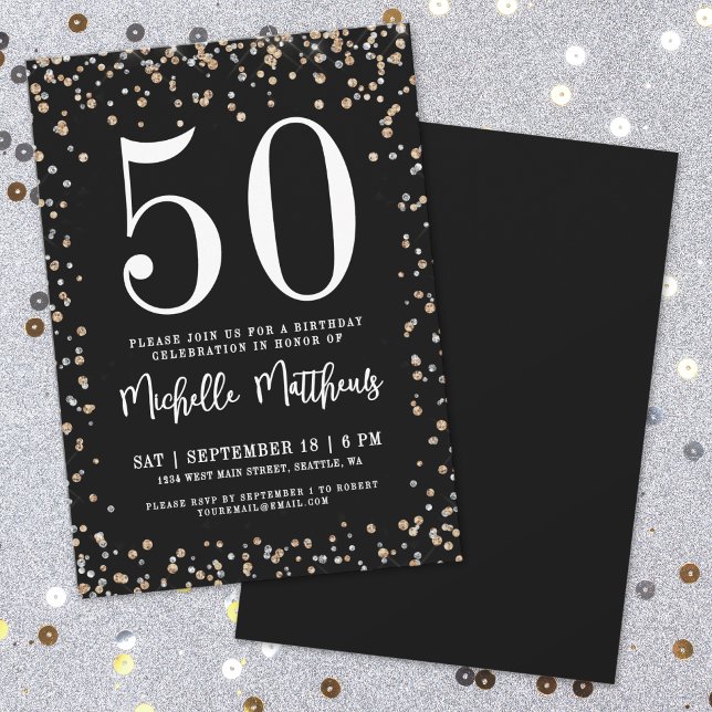 Convite Dourada brilhante preto 50ª Festa de aniversário (Black Gold Glitter 50th Birthday Party Invitation)