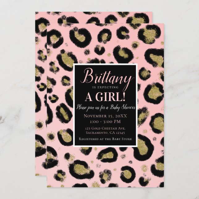 Convite Dourada brilhante rosa e Chá de fraldas-leopardo p (Frente/Verso)