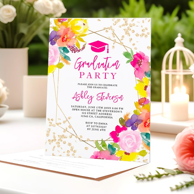 Convite Dourada brilho boho bold fotografia floral (Gold glitter boho bold floral photo graduation invitation)