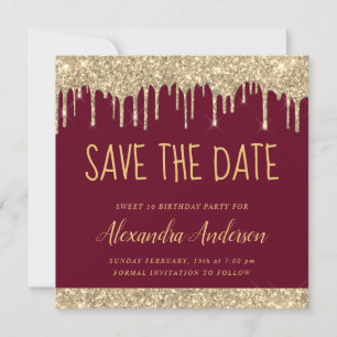 Convite Dourada Burgundy Glitter Sweet 16 Salve a data