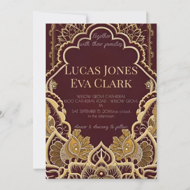 Convite Dourada Burgundy Mehendi Henna Indian Weding Convi (Frente)