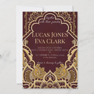 Convite Dourada Burgundy Mehendi Henna Indian Weding Convi