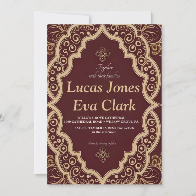 Convite Dourada Burgundy Mehendi Henna Indian Weding Convi (Frente)