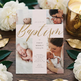 Convite Dourada caligrafia Foto Colagem Bebê Baptismo Cruz