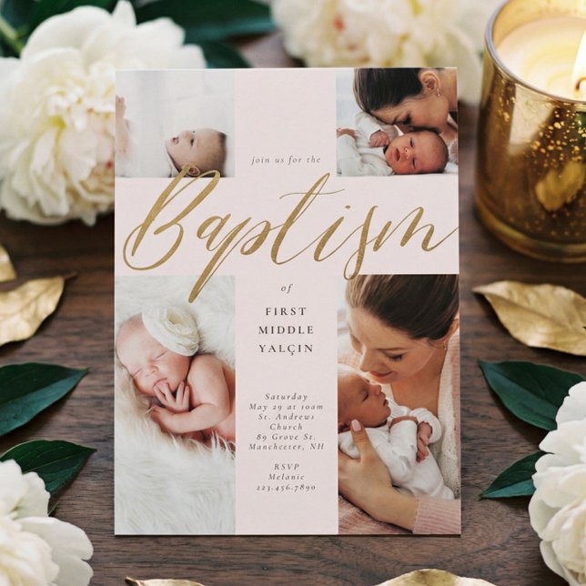 Convite Dourada caligrafia Foto Colagem Bebê Baptismo Cruz (Gold Calligraphy Photo Collage Baby Baptism Cross Invitation)