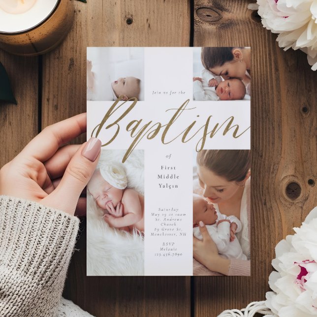 Convite Dourada caligrafia Foto Colagem Bebê Baptismo Cruz (Gold Calligraphy Photo Collage Baby Baptism Cross Invitation)