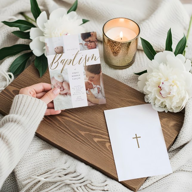 Convite Dourada caligrafia Foto Colagem Bebê Baptismo Cruz (Gold Calligraphy Photo Collage Baby Baptism Cross Invitation)