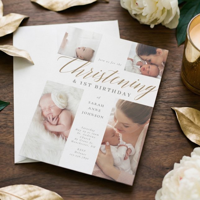 Convite Dourada caligrafia Fotografia Natal e primeiro ani (Gold Calligraphy Photo Christening & 1st Birthday Invitation)