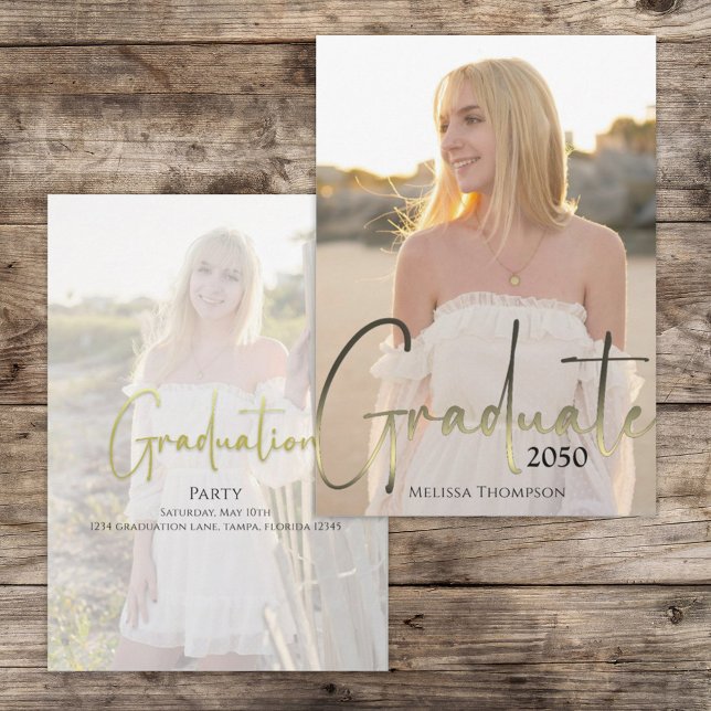 Convite Dourada Caligrafia Preta Simples Duas Fotografias (Graduation photo invitation announcement with gradient gold calligraphy. )