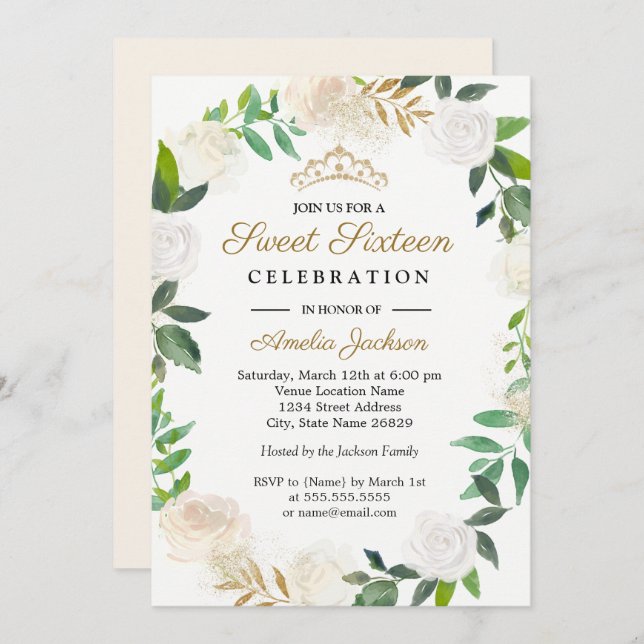 Convite Dourada camada de aquarela Doce Dezesseis 16º (Frente/Verso)