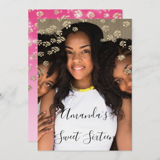 Convite Dourada Cinza de Foto do Ombre de Flores Rosa 16 (Frente/Verso)