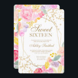 Convite Dourada coloração verde pastel aquosa doce 16<br><div class="desc">Cor de água floral amarela e tipografia de confete dourado cor de laranja pastel de Verão Fresco doce com flores pintadas à mão,  cor de água verde,  perfeita para primavera e festa de aniversário de Verão.</div>