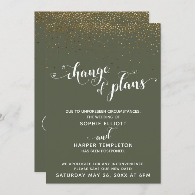 Convite Dourada Confetti & Chive Green Change of Plan Card (Frente/Verso)