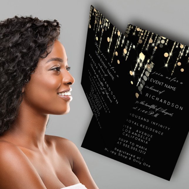 Convite Dourada Confetti Derramada Bridal Negra Brida de A (Gold Confetti Drip Birthday Bridal Black White Invitation)