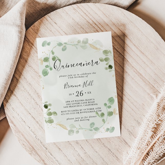 Convite Dourada Confetti Eucalyptus Foliage Quinceañera (Criador carregado)