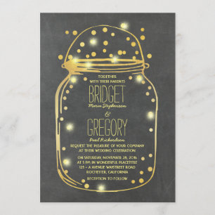 Convite Dourada Confetti Fireflies Casamento Mason Jar