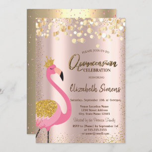 Convite Dourada Confetti Rosa Flamingo Rosa Dourada Quince