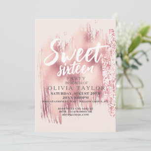 Convite Dourada cor-de-rosa, brilho moderno doce 16 garota