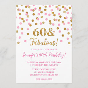 Convite Dourada cor-de-rosa Confetti 60 e Fabuloso