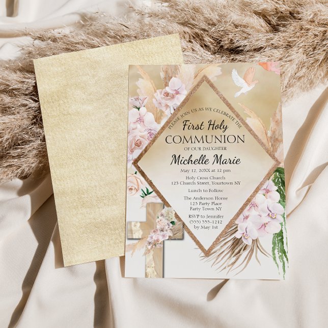 Convite Dourada cor-de-rosa Primeira Sagrada Menina Comuni (Criador carregado)