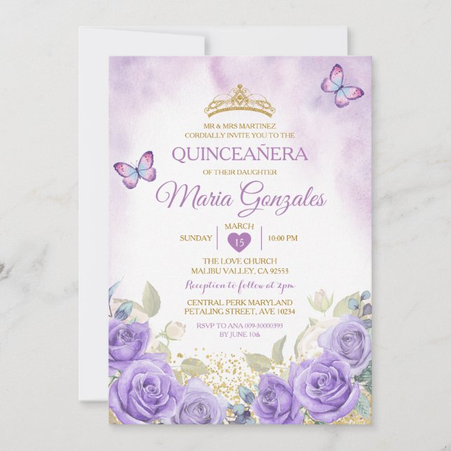 Convite Dourada Coroa Mexicana Purple Quinceañera (Frente)