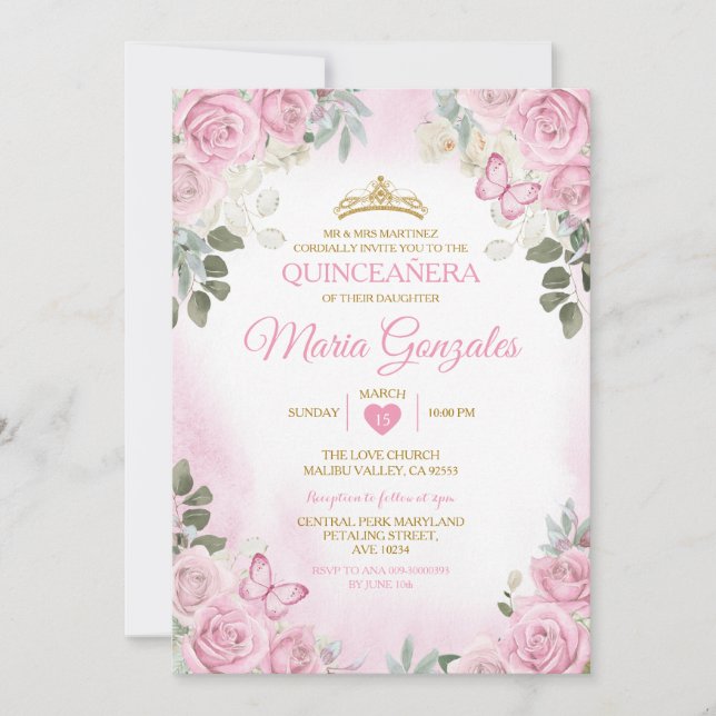Convite Dourada Coroa Mexicana Rosa Quinceañera (Frente)