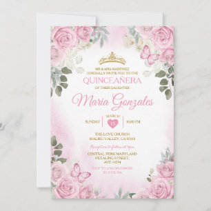 Convite Dourada Coroa Mexicana Rosa Quinceañera