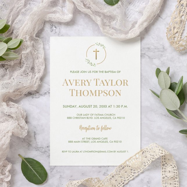 Convite Dourada cruz aquarela, modelo de batismo (Simple greenery watercolor wreath gold cross baptism invitation)