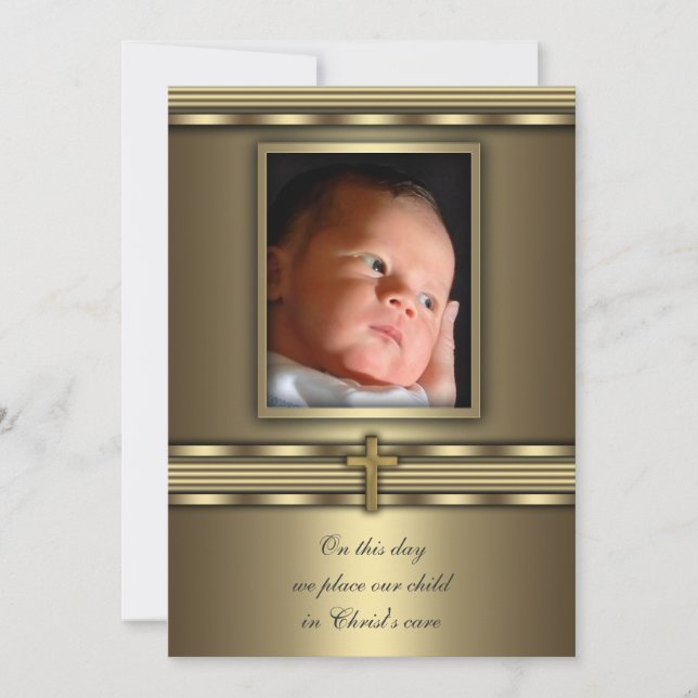 Convite Dourada Cruz Baby Boy Foto Baptism Christening (Frente)